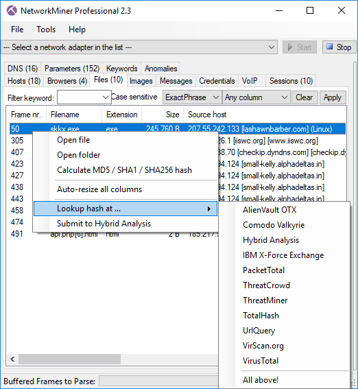OSINT file hash lookup in NetworkMiner Professional 2.3 OSINT file hash lookup in NetworkMiner Professional 2.3