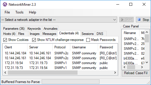 SNMP Community Strings in NetworkMiner's Credential tab SNMP Community Strings in NetworkMiner's Credential tab