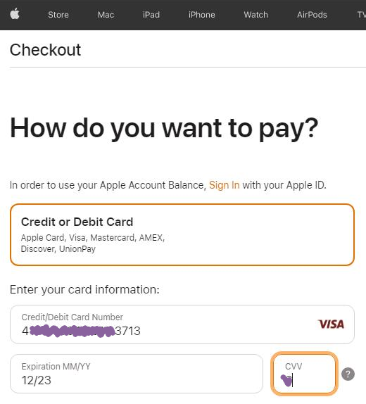 Click to show full screenshot Credit card details entered in Apple Store by attacker