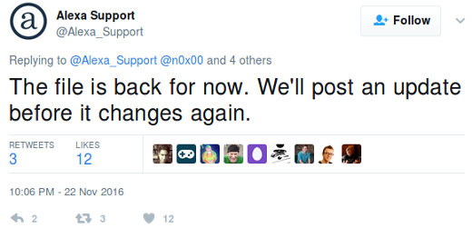 The file is back for now. We'll post an update before it changes again. The file is back for now. We'll post an update before it changes again.